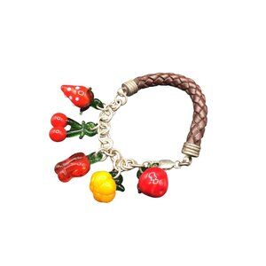 Fruit & Veggies Bracelet Art Glass Charms Leather & Sterling Silver Chain